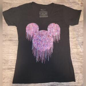 Disney Store Glitter Paint Drip Mickey Ears Black Short‎ Sleeve Shirt Size Small